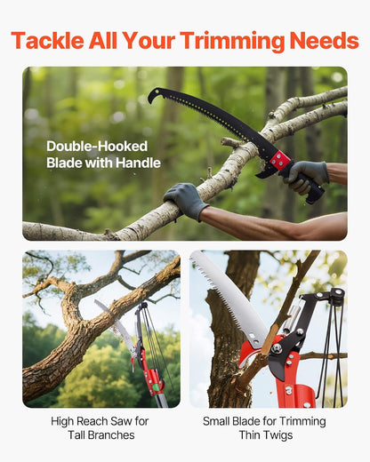Manual Pole Saw, 7.3-27 ft Extendable Tree Pruner, Sharp Steel Blade and Scissors High Branches Trimming, Branch Trimmer with Lightweight 8 Fiberglass Handles, for Pruning Palms and Shrubs