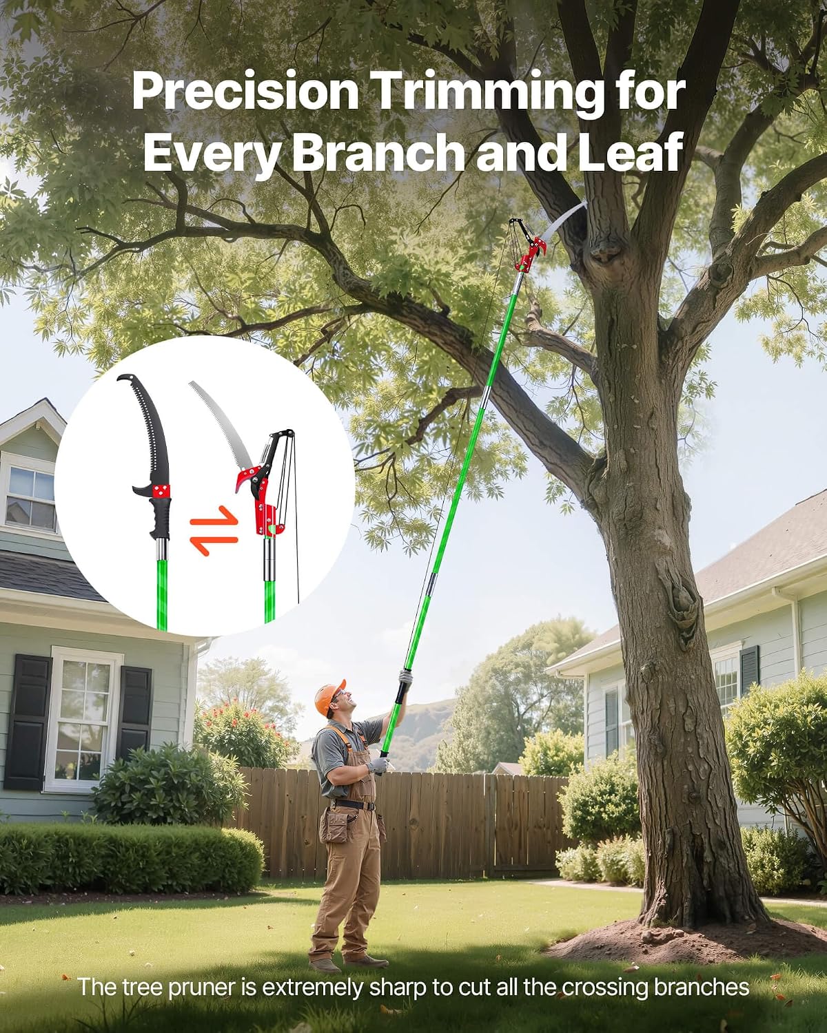 Manual Pole Saw, 7.3-27 ft Extendable Tree Pruner, Sharp Steel Blade and Scissors High Branches Trimming, Branch Trimmer with Lightweight 8 Fiberglass Handles, for Pruning Palms and Shrubs