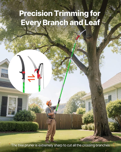 Manual Pole Saw, 7.3-27 ft Extendable Tree Pruner, Sharp Steel Blade and Scissors High Branches Trimming, Branch Trimmer with Lightweight 8 Fiberglass Handles, for Pruning Palms and Shrubs