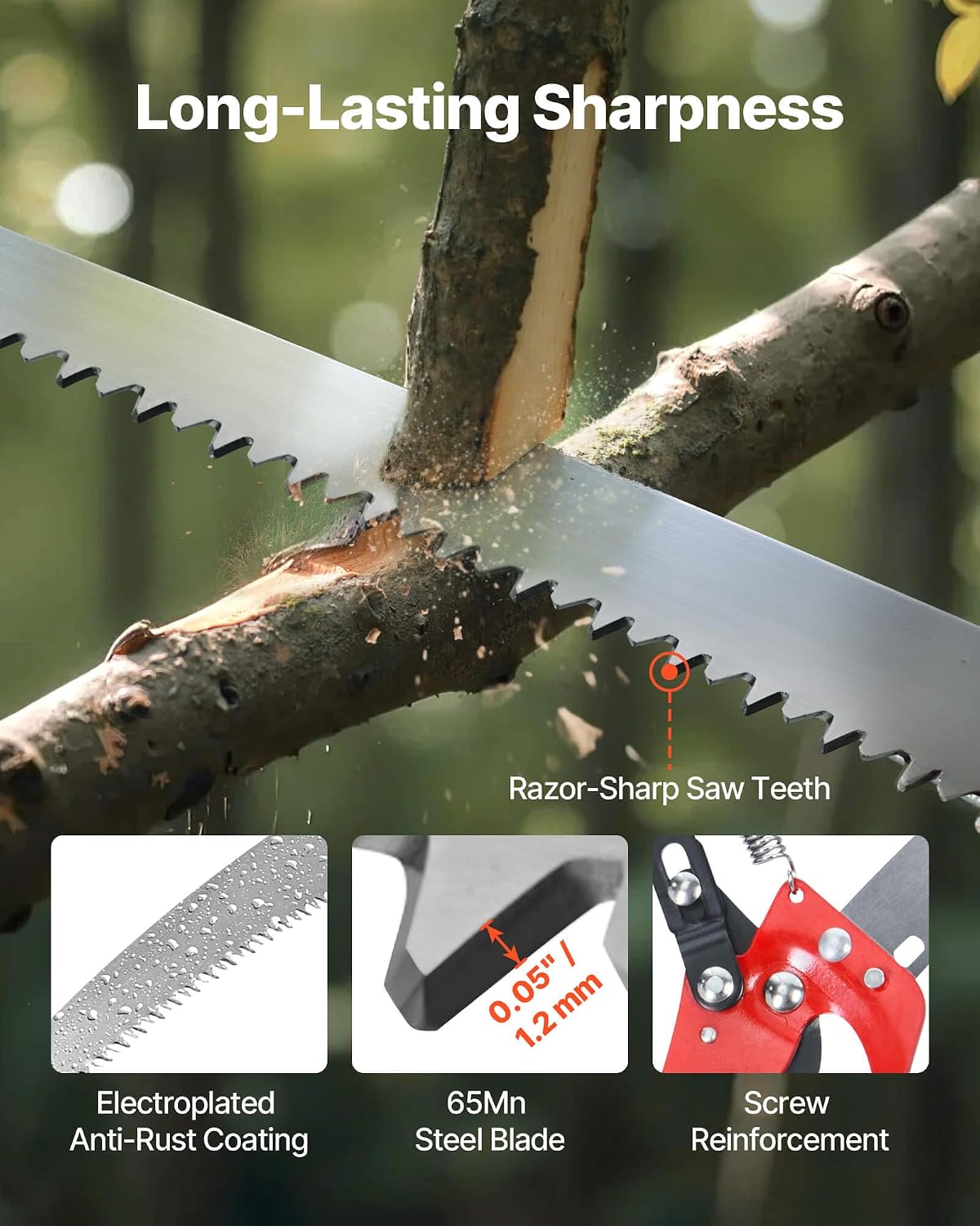 Manual Pole Saw, 7.3-27 ft Extendable Tree Pruner, Sharp Steel Blade and Scissors High Branches Trimming, Branch Trimmer with Lightweight 8 Fiberglass Handles, for Pruning Palms and Shrubs