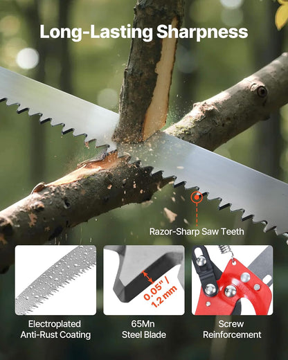 Manual Pole Saw, 7.3-27 ft Extendable Tree Pruner, Sharp Steel Blade and Scissors High Branches Trimming, Branch Trimmer with Lightweight 8 Fiberglass Handles, for Pruning Palms and Shrubs