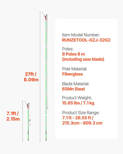 Manual Pole Saw, 7.3-27 ft Extendable Tree Pruner, Sharp Steel Blade and Scissors High Branches Trimming, Branch Trimmer with Lightweight 8 Fiberglass Handles, for Pruning Palms and Shrubs