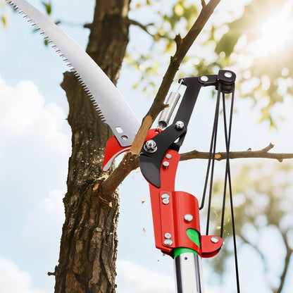 Manual Pole Saw, 7.3-27 ft Extendable Tree Pruner, Sharp Steel Blade and Scissors High Branches Trimming, Branch Trimmer with Lightweight 8 Fiberglass Handles, for Pruning Palms and Shrubs