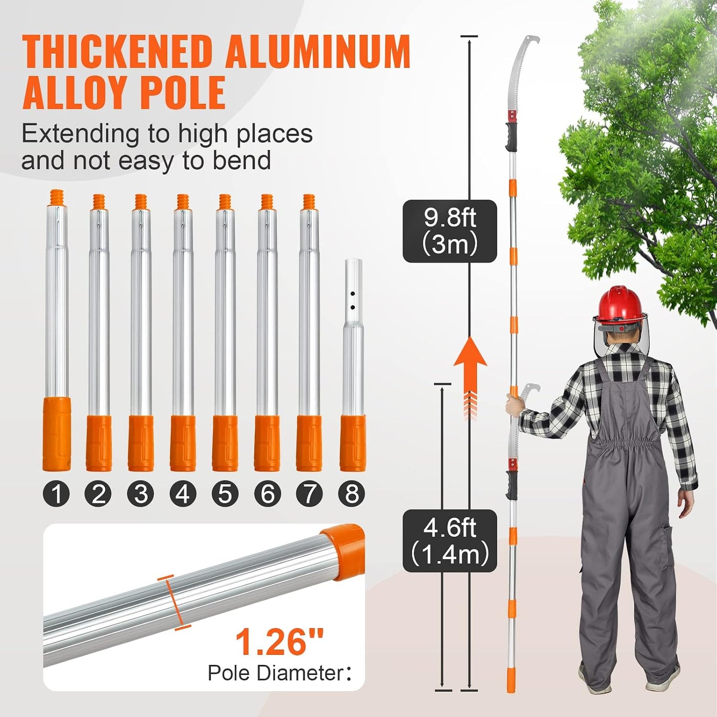 Manual Pole Saw, 7.3-27 ft Extendable Tree Pruner, Sharp Steel Blade and Scissors High Branches Trimming, Branch Trimmer with Lightweight 8 Fiberglass Handles, for Pruning Palms and Shrubs
