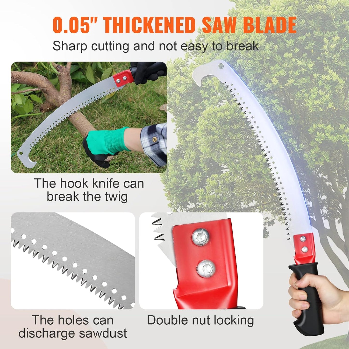 Manual Pole Saw, 7.3-27 ft Extendable Tree Pruner, Sharp Steel Blade and Scissors High Branches Trimming, Branch Trimmer with Lightweight 8 Fiberglass Handles, for Pruning Palms and Shrubs