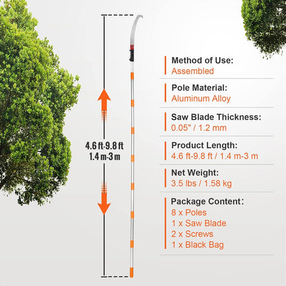 Manual Pole Saw, 7.3-27 ft Extendable Tree Pruner, Sharp Steel Blade and Scissors High Branches Trimming, Branch Trimmer with Lightweight 8 Fiberglass Handles, for Pruning Palms and Shrubs