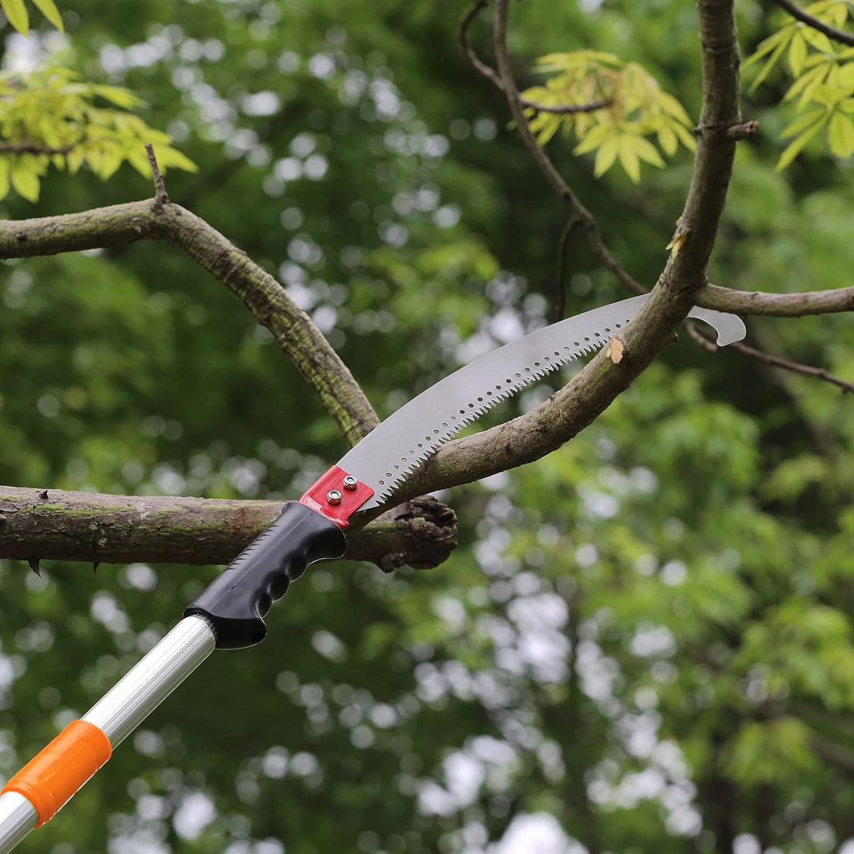 Manual Pole Saw, 7.3-27 ft Extendable Tree Pruner, Sharp Steel Blade and Scissors High Branches Trimming, Branch Trimmer with Lightweight 8 Fiberglass Handles, for Pruning Palms and Shrubs