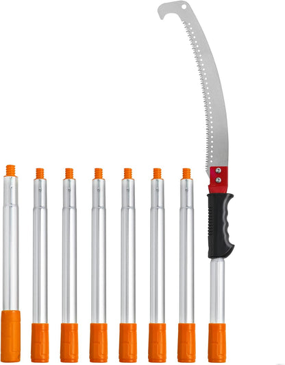 Manual Pole Saw, 7.3-27 ft Extendable Tree Pruner, Sharp Steel Blade and Scissors High Branches Trimming, Branch Trimmer with Lightweight 8 Fiberglass Handles, for Pruning Palms and Shrubs