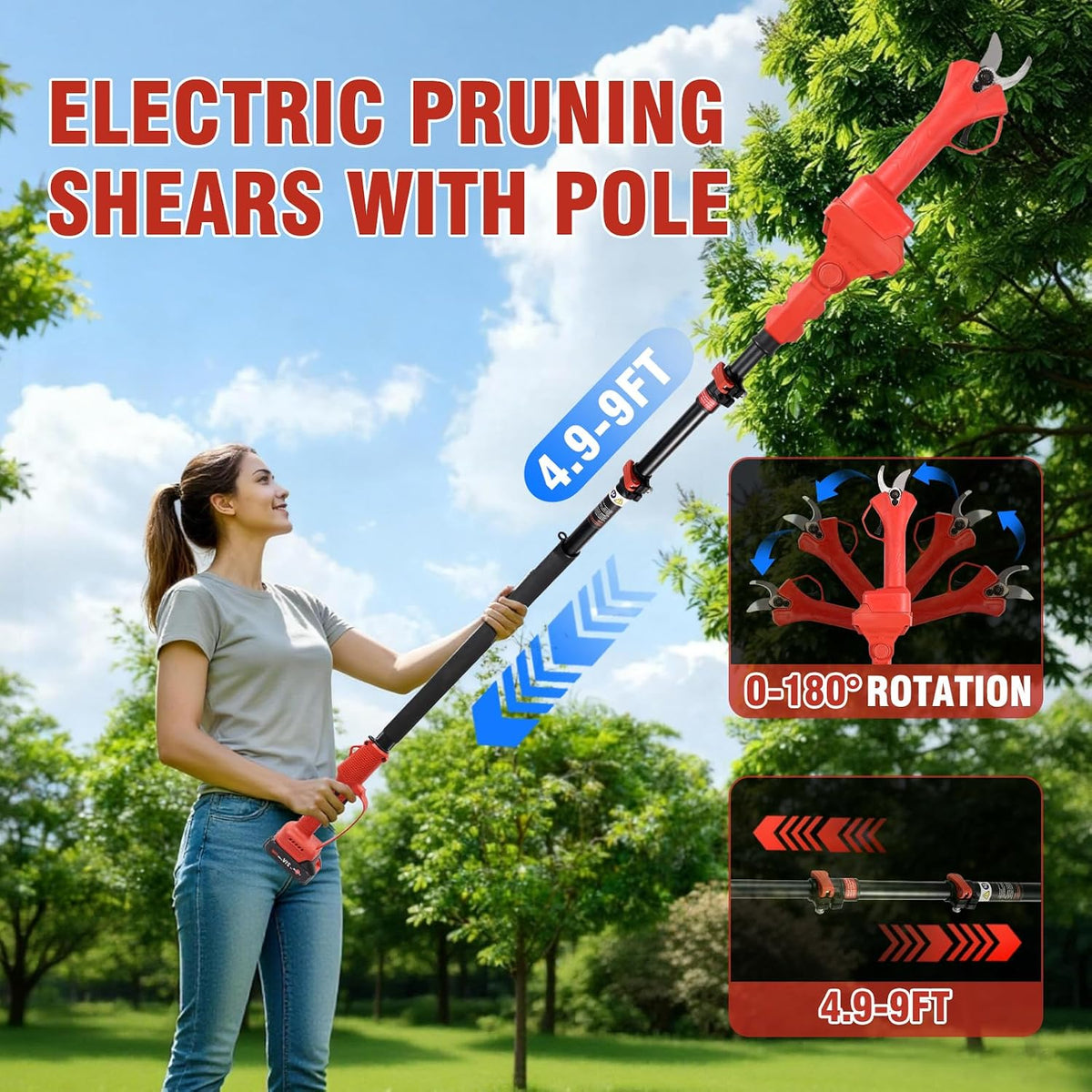 Brushless Electric Pruning Shears Cordless, Pole Pruners for Tree Trimming, Electric Tree pruner Cutter with 2*21V 4000mAH Batteries,15FT Telescoping Rod,1.2 Inch Cutting Diameter, with Replace Blade