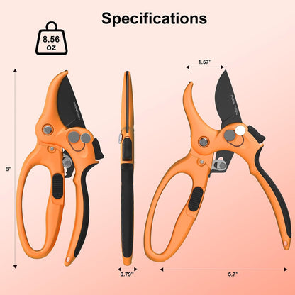 8" Handheld Pruning Shears - Heavy-Duty Stainless Steel Garden Scissors