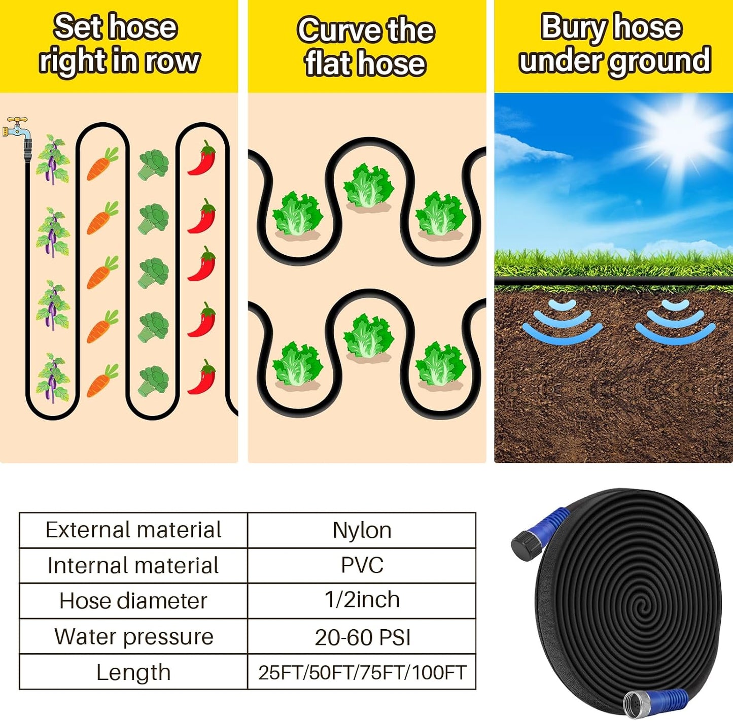 200FT Flat Soaker Hose, Heavy Duty Garden Watering Hose