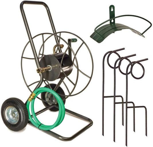 Ultimate Hose Management Bundle - Complete Hose Organizer Kit - Wheeled Cart, Wall Mounted Hanger, & Plant Saving Guides - Durable Powder Coated Steel - 5-Piece Set