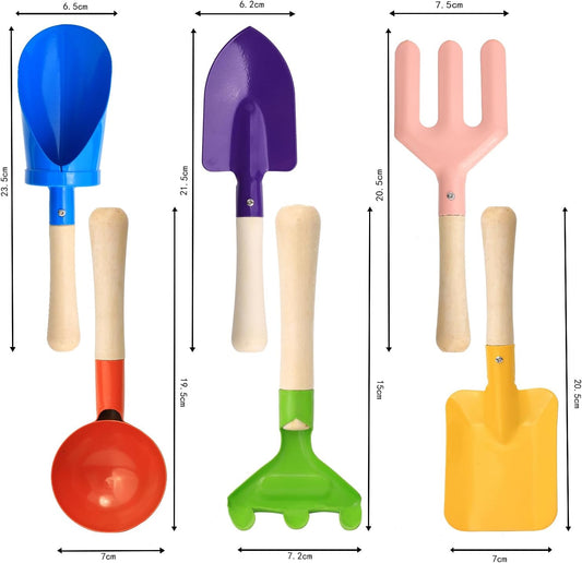 6 PCS 8" Kids Gardening Tools, Metal Beach Sandbox Digging Toys with Sturdy Wooden Handle, Safe Backyard Snow Sensory Playset Including Cylinder, Spoon, Fork, Rake, Flat & Pointed Shovels for Children