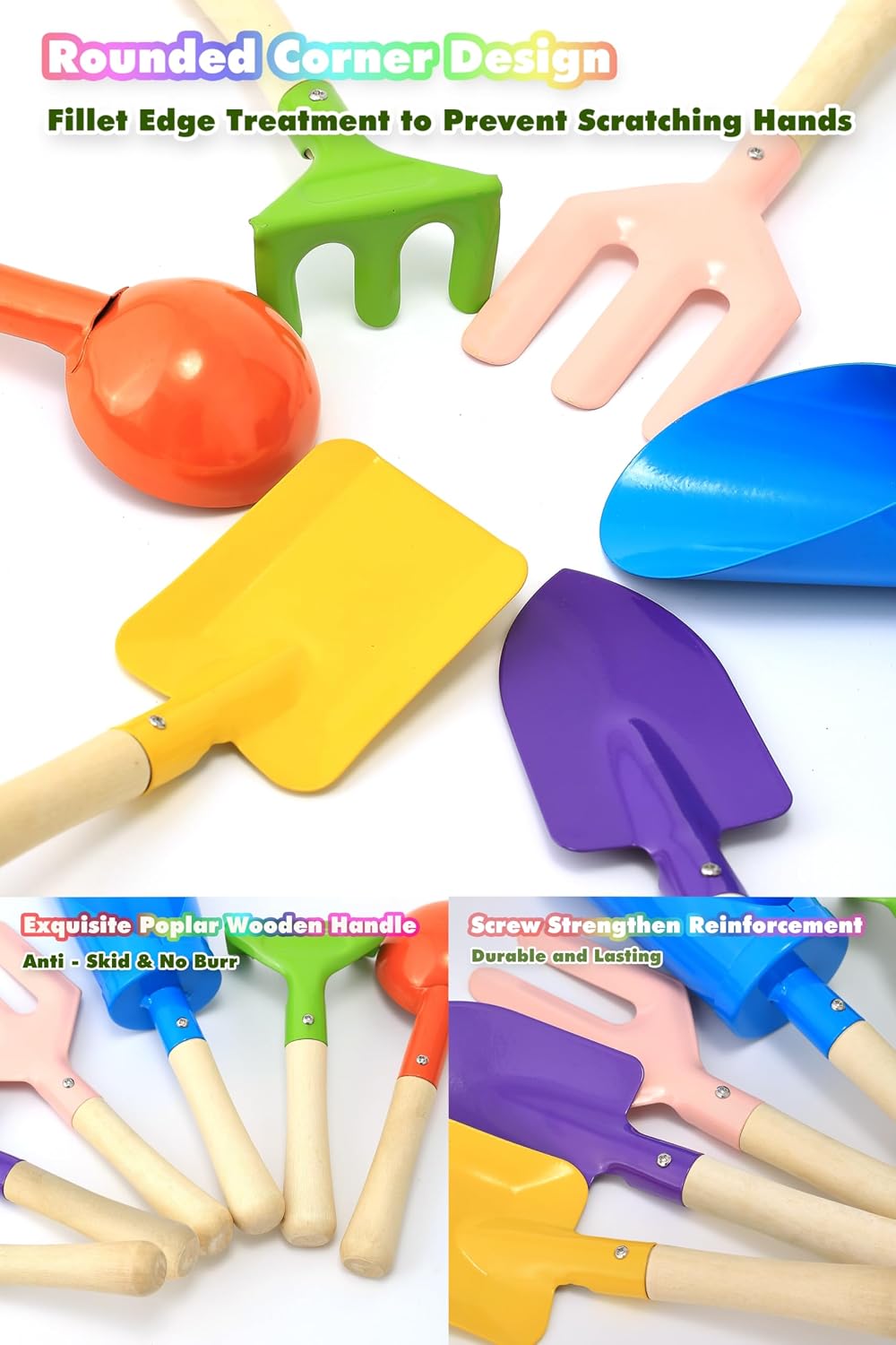 6 PCS 8" Kids Gardening Tools, Metal Beach Sandbox Digging Toys with Sturdy Wooden Handle, Safe Backyard Snow Sensory Playset Including Cylinder, Spoon, Fork, Rake, Flat & Pointed Shovels for Children