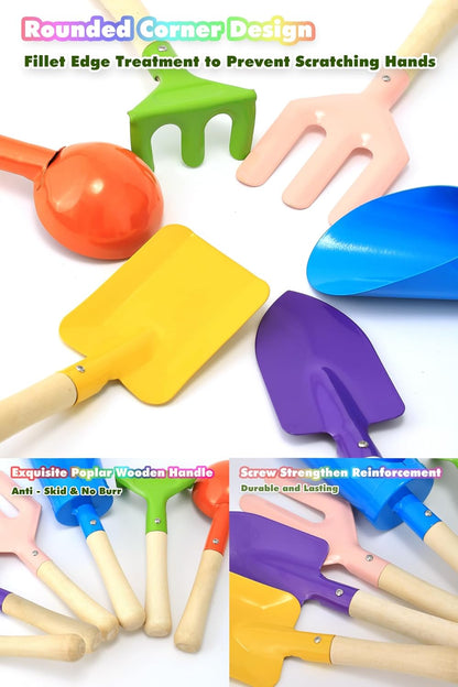 6 PCS 8" Kids Gardening Tools, Metal Beach Sandbox Digging Toys with Sturdy Wooden Handle, Safe Backyard Snow Sensory Playset Including Cylinder, Spoon, Fork, Rake, Flat & Pointed Shovels for Children