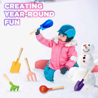 6 PCS 8" Kids Gardening Tools, Metal Beach Sandbox Digging Toys with Sturdy Wooden Handle, Safe Backyard Snow Sensory Playset Including Cylinder, Spoon, Fork, Rake, Flat & Pointed Shovels for Children