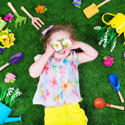 6 PCS 8" Kids Gardening Tools, Metal Beach Sandbox Digging Toys with Sturdy Wooden Handle, Safe Backyard Snow Sensory Playset Including Cylinder, Spoon, Fork, Rake, Flat & Pointed Shovels for Children