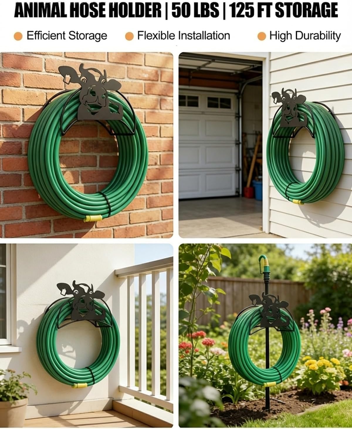 Cow Hose Hanger Metal Wall Mount Heavy Duty 125'5/8" Garden Hose Holder