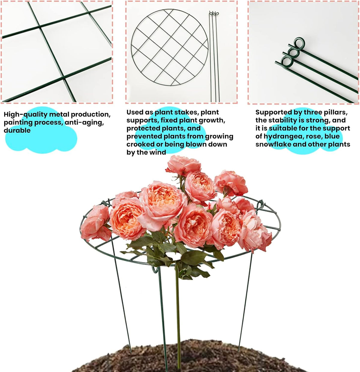 2 Pcs Flower Support Rings, Peony cage Plant Support Stake,Grow Through Grid Plant Brace, Hoops with 3 Pcs Legs for Heavy Blossoms (2 pcs 18'')