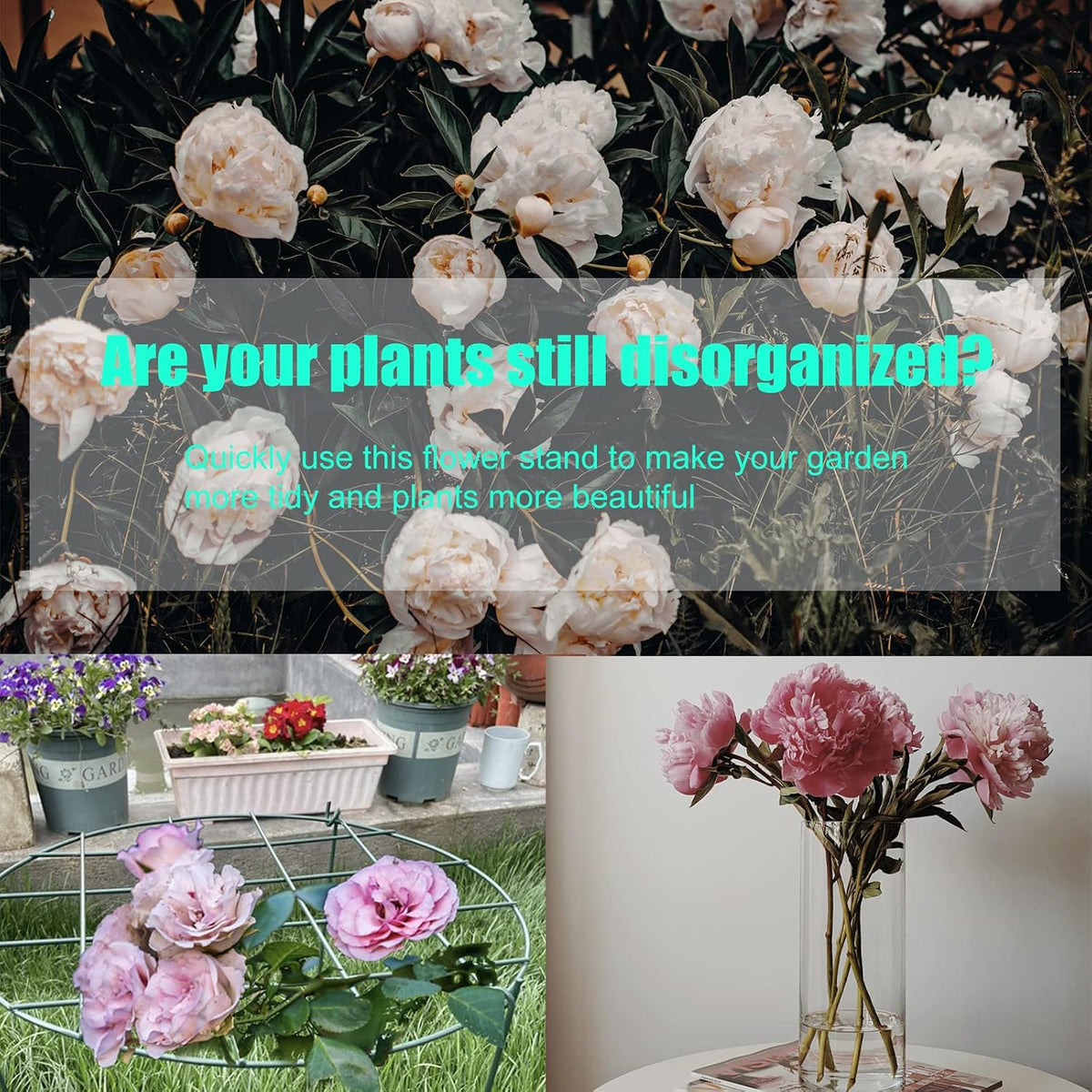 2 Pcs Flower Support Rings, Peony cage Plant Support Stake,Grow Through Grid Plant Brace, Hoops with 3 Pcs Legs for Heavy Blossoms (2 pcs 18'')