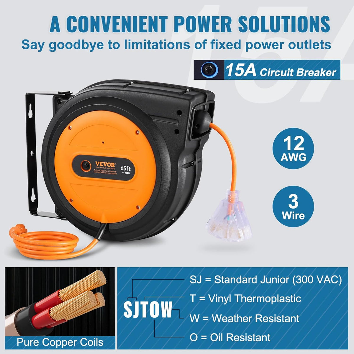 65FT Retractable Extension Cord Reel, Heavy Duty 12AWG/3C SJTOW Cord