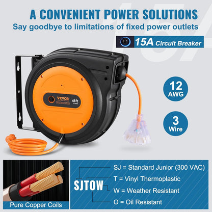 65FT Retractable Extension Cord Reel, Heavy Duty 12AWG/3C SJTOW Cord