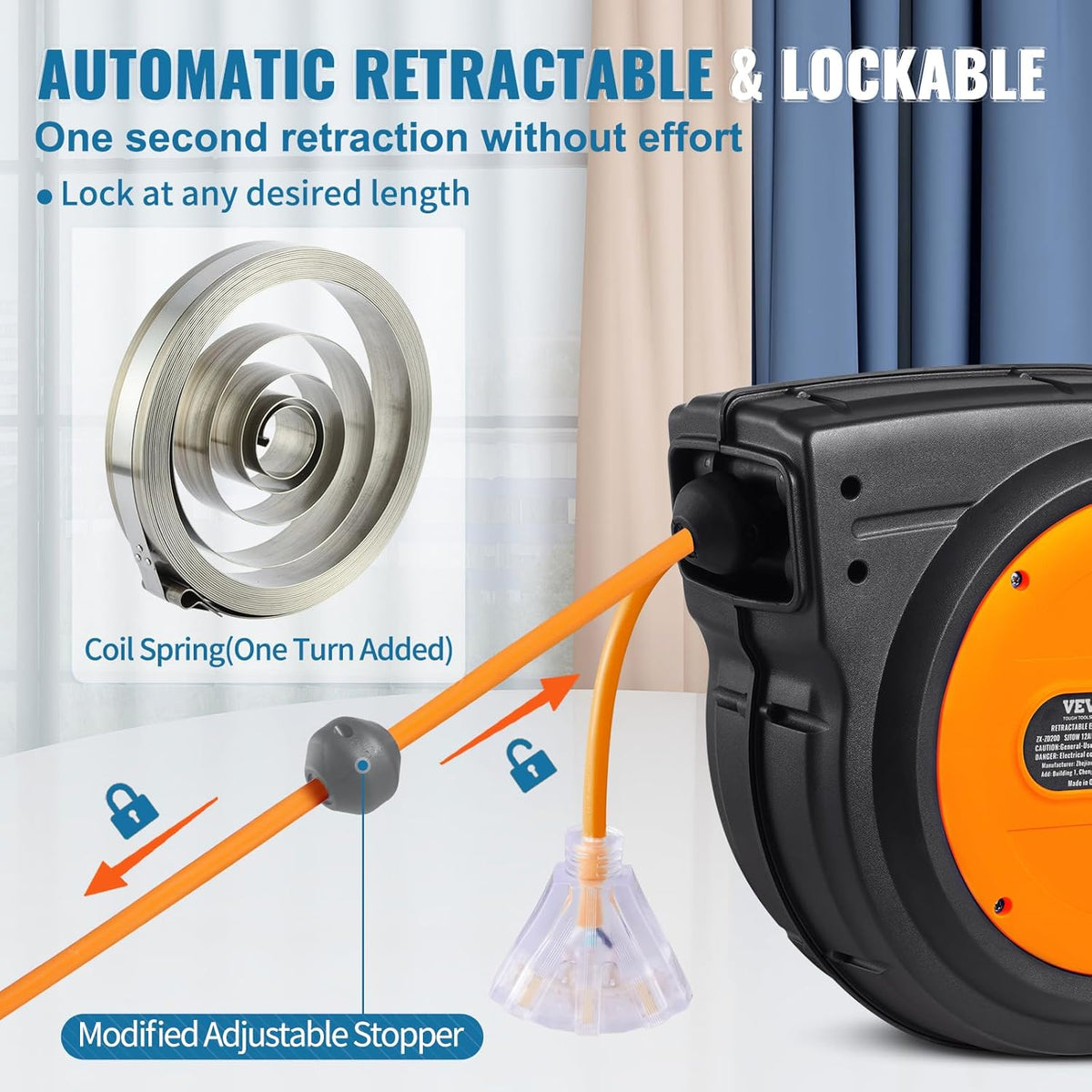 65FT Retractable Extension Cord Reel, Heavy Duty 12AWG/3C SJTOW Cord
