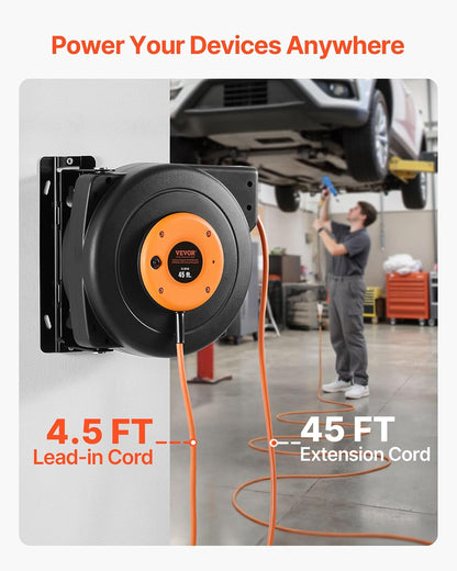 65FT Retractable Extension Cord Reel, Heavy Duty 12AWG/3C SJTOW Cord
