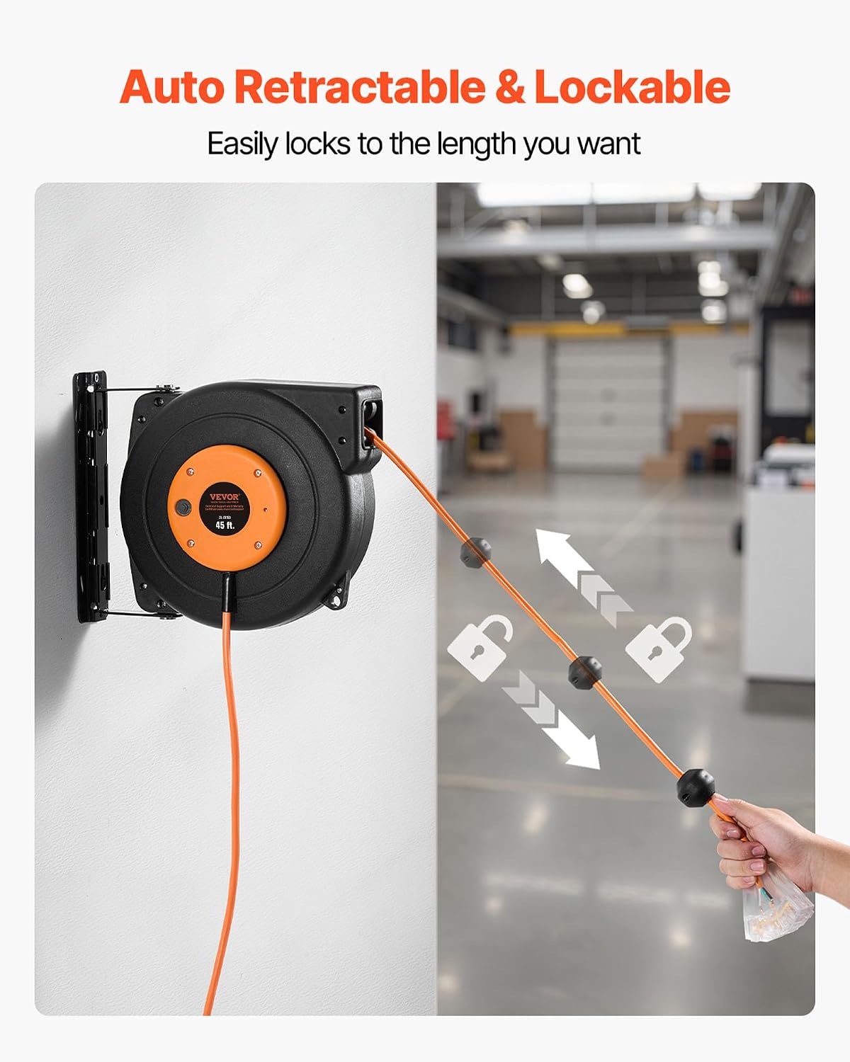 65FT Retractable Extension Cord Reel, Heavy Duty 12AWG/3C SJTOW Cord