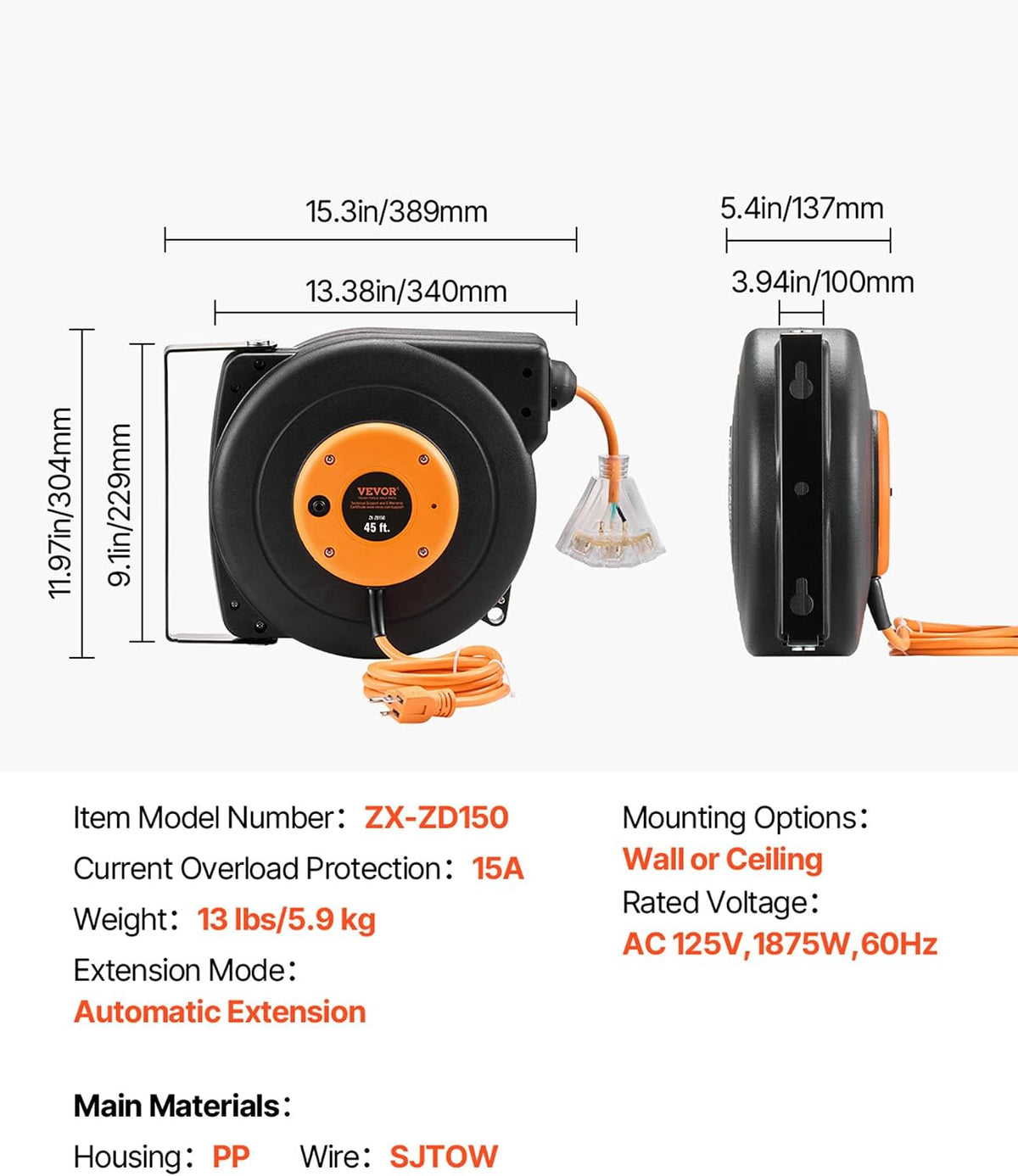 65FT Retractable Extension Cord Reel, Heavy Duty 12AWG/3C SJTOW Cord