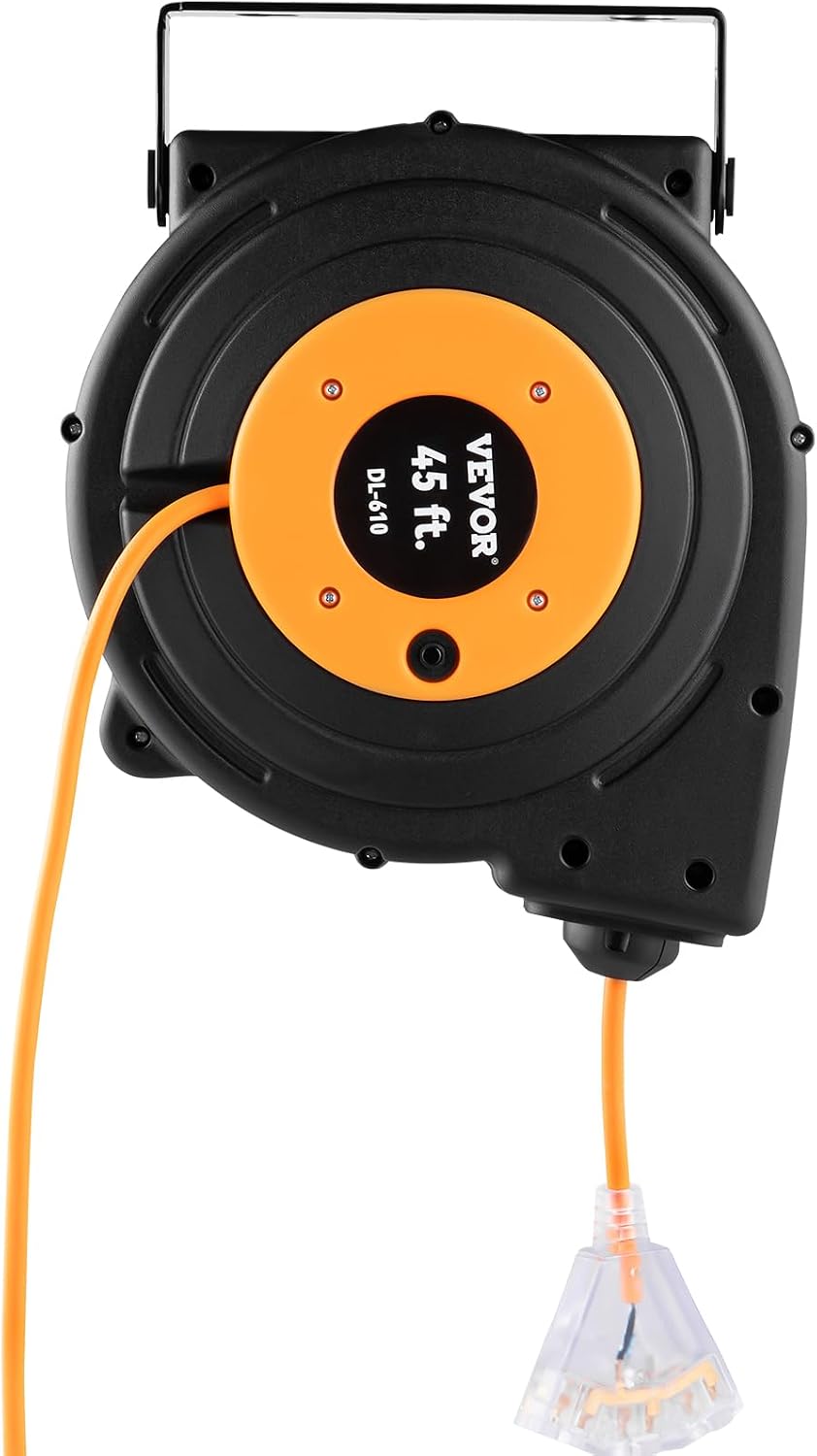 65FT Retractable Extension Cord Reel, Heavy Duty 12AWG/3C SJTOW Cord