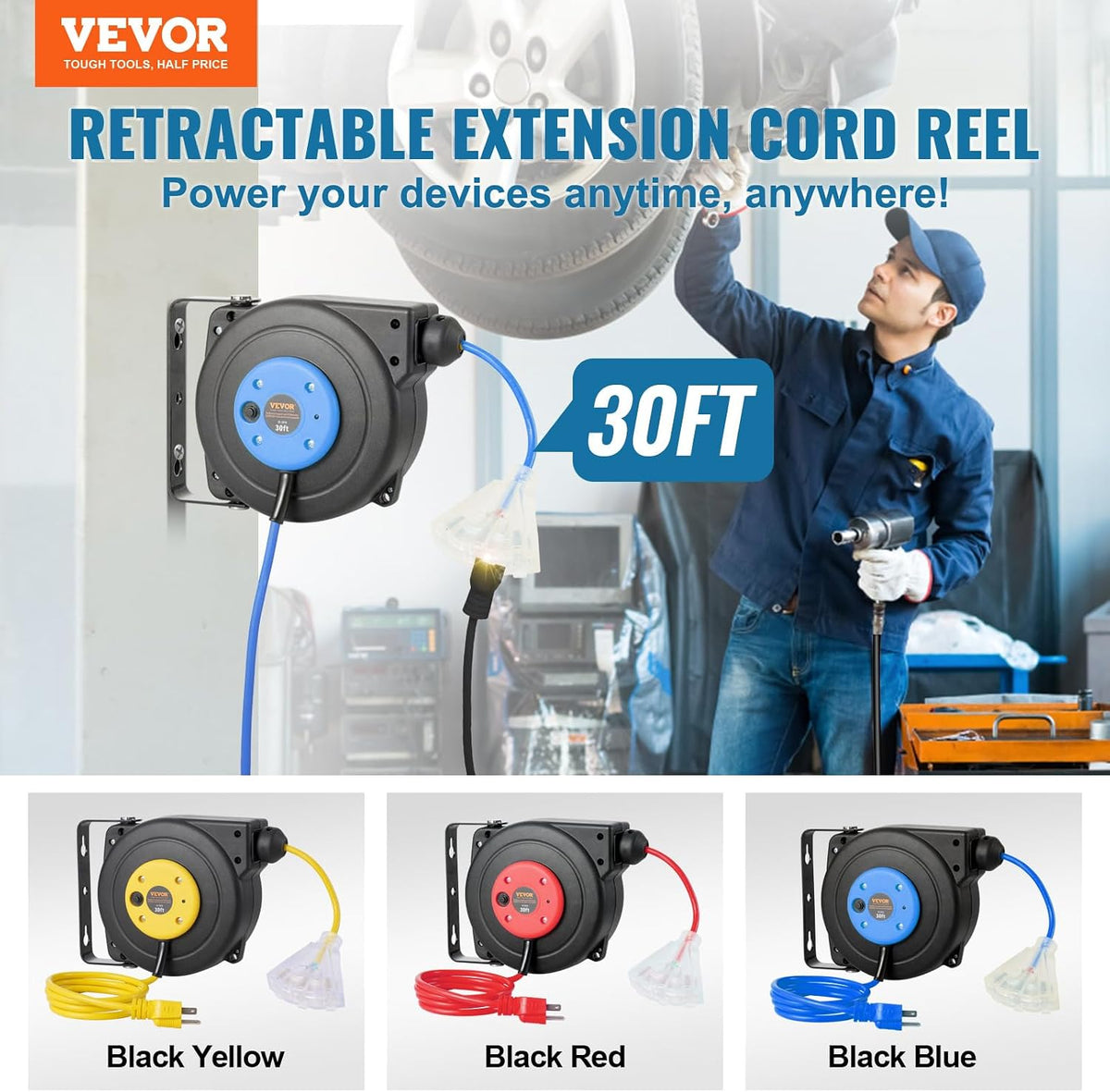 65FT Retractable Extension Cord Reel, Heavy Duty 12AWG/3C SJTOW Cord