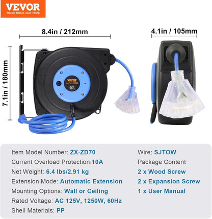 65FT Retractable Extension Cord Reel, Heavy Duty 12AWG/3C SJTOW Cord