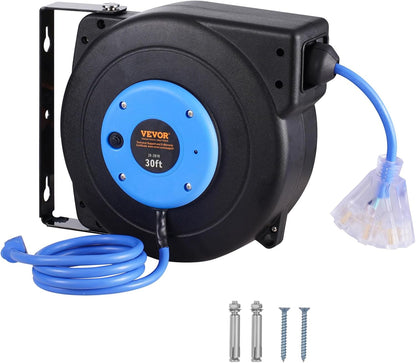 65FT Retractable Extension Cord Reel, Heavy Duty 12AWG/3C SJTOW Cord