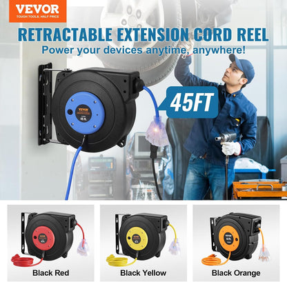 65FT Retractable Extension Cord Reel, Heavy Duty 12AWG/3C SJTOW Cord