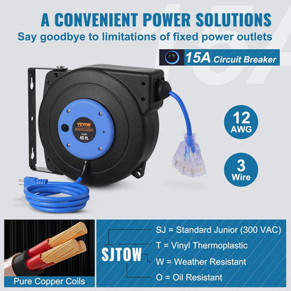65FT Retractable Extension Cord Reel, Heavy Duty 12AWG/3C SJTOW Cord