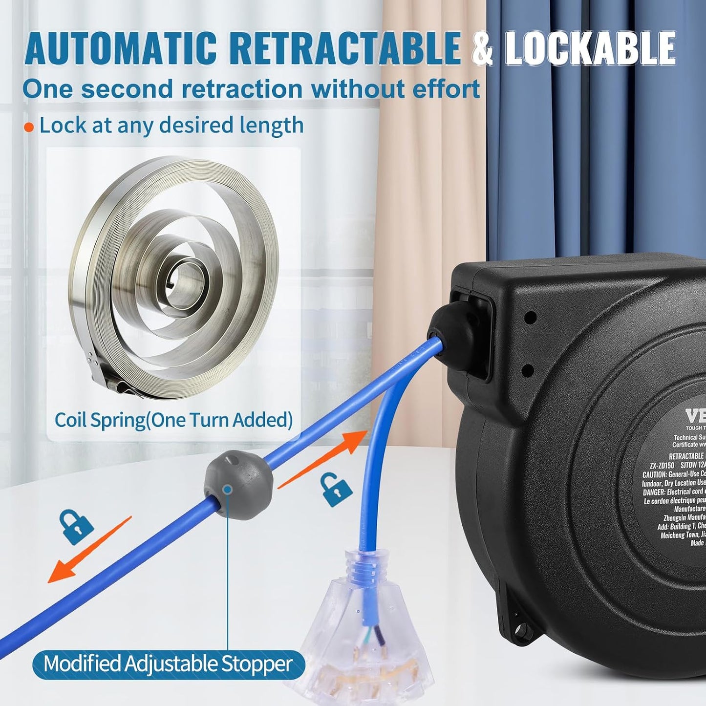 65FT Retractable Extension Cord Reel, Heavy Duty 12AWG/3C SJTOW Cord