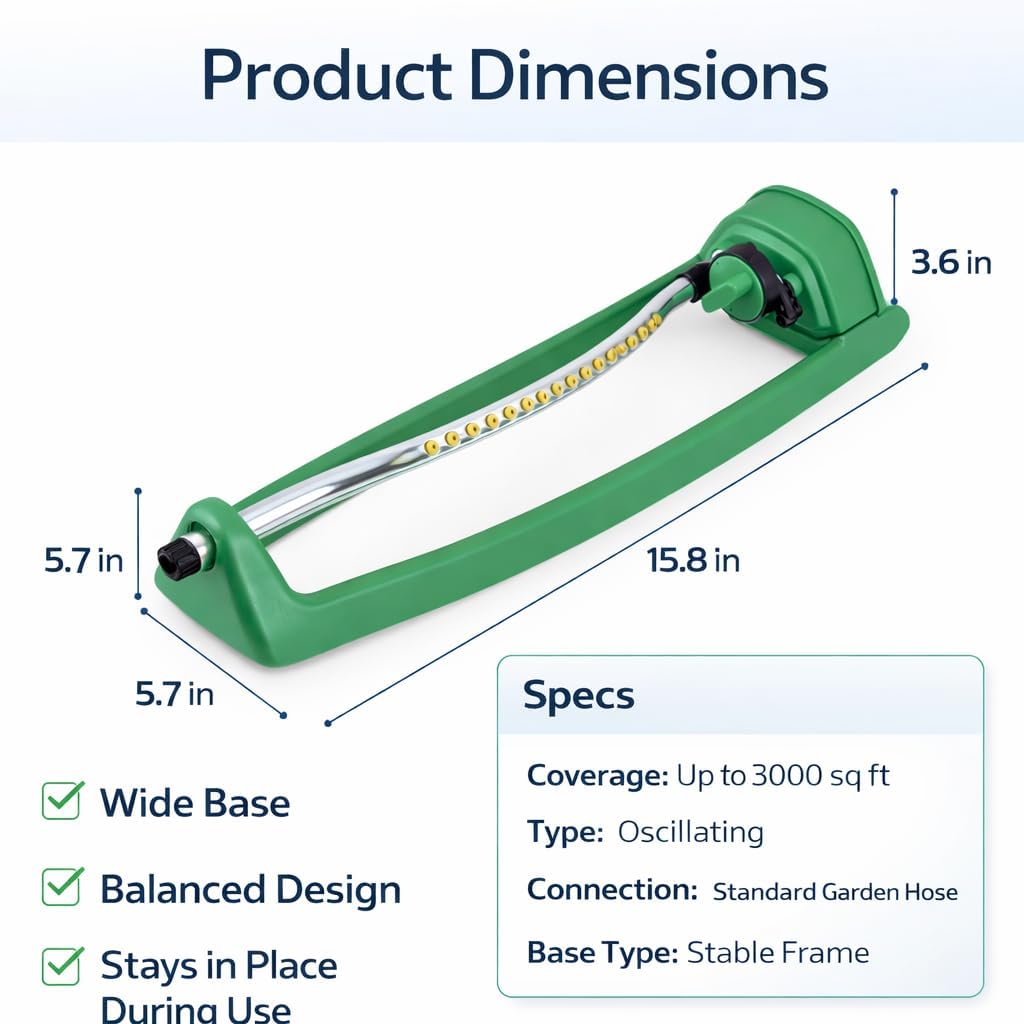Oscillating Lawn Sprinkler for Yard up to 3000 Sq Ft, Adjustable Water Spray with 16 Precision Nozzles, Stable Base Garden Sprinkler for Grass, Lawn & Backyard Irrigation
