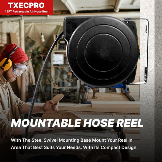 Retractable Air Hose Reel, 1/4 IN x 45 FT Hybrid Air Hose Max 300 PSI, Air compressor hose reel with 5 ft Lead in, Ceiling/Wall Mounted air hose reel,Heavy Duty air tool