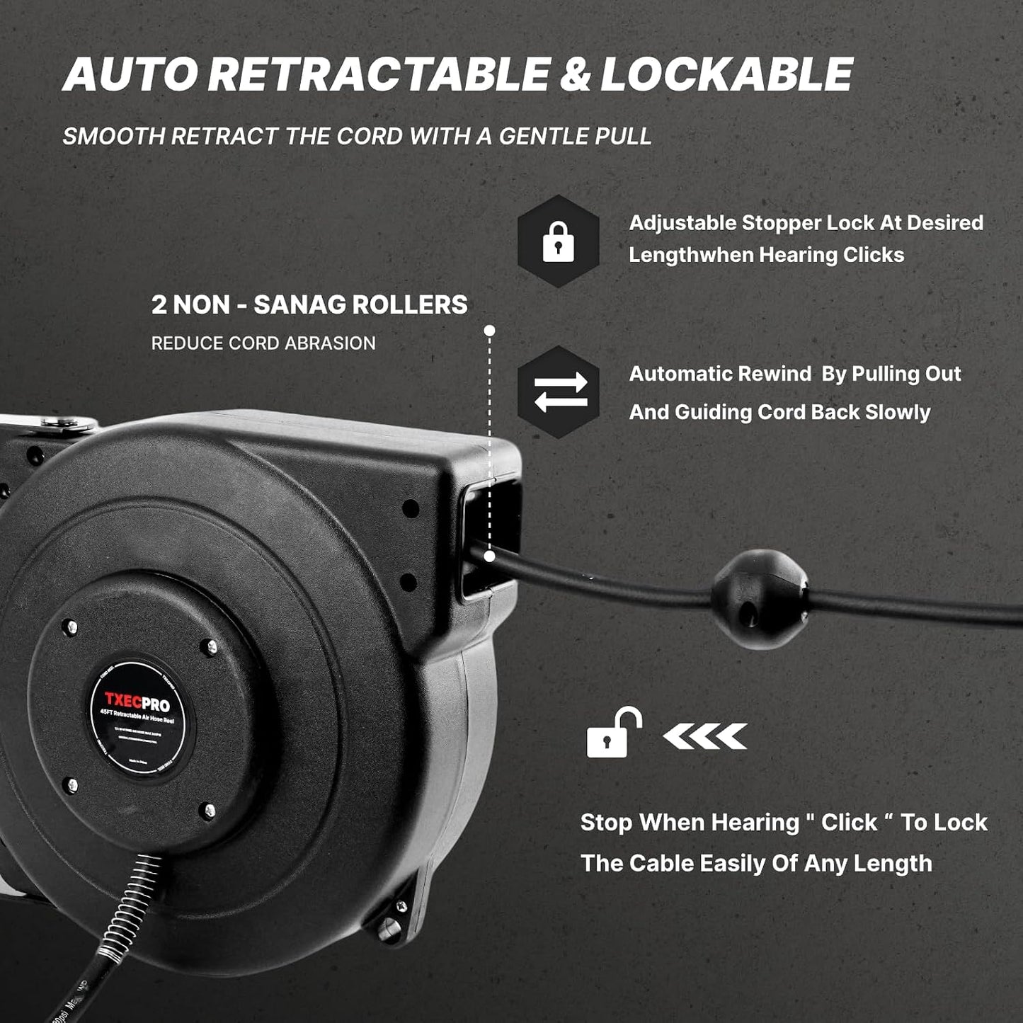 Retractable Air Hose Reel, 1/4 IN x 45 FT Hybrid Air Hose Max 300 PSI, Air compressor hose reel with 5 ft Lead in, Ceiling/Wall Mounted air hose reel,Heavy Duty air tool
