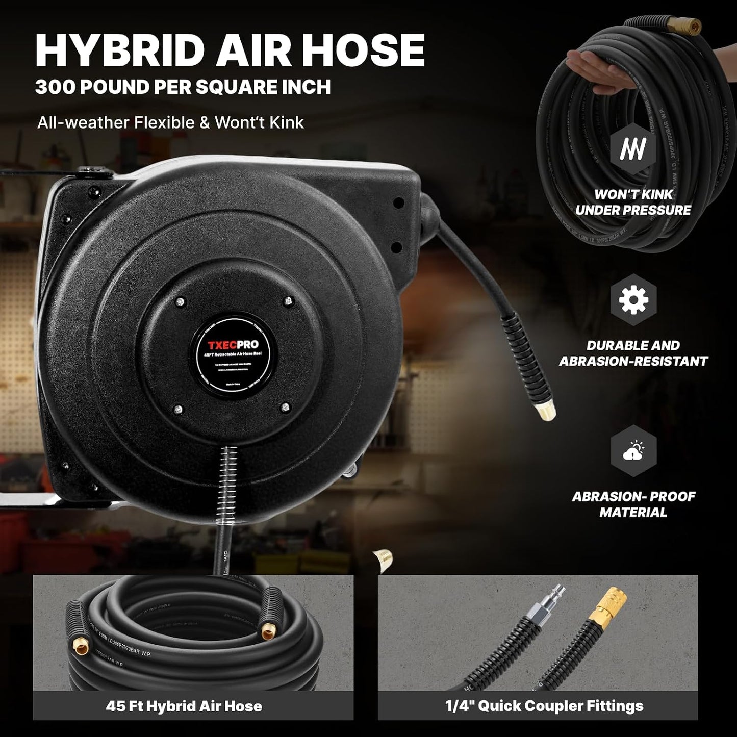 Retractable Air Hose Reel, 1/4 IN x 45 FT Hybrid Air Hose Max 300 PSI, Air compressor hose reel with 5 ft Lead in, Ceiling/Wall Mounted air hose reel,Heavy Duty air tool