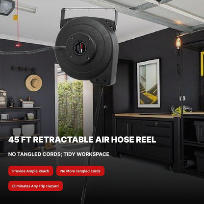 Retractable Air Hose Reel, 1/4 IN x 45 FT Hybrid Air Hose Max 300 PSI, Air compressor hose reel with 5 ft Lead in, Ceiling/Wall Mounted air hose reel,Heavy Duty air tool