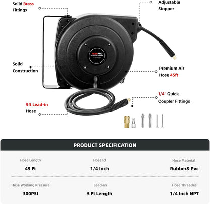 Retractable Air Hose Reel, 1/4 IN x 45 FT Hybrid Air Hose Max 300 PSI, Air compressor hose reel with 5 ft Lead in, Ceiling/Wall Mounted air hose reel,Heavy Duty air tool