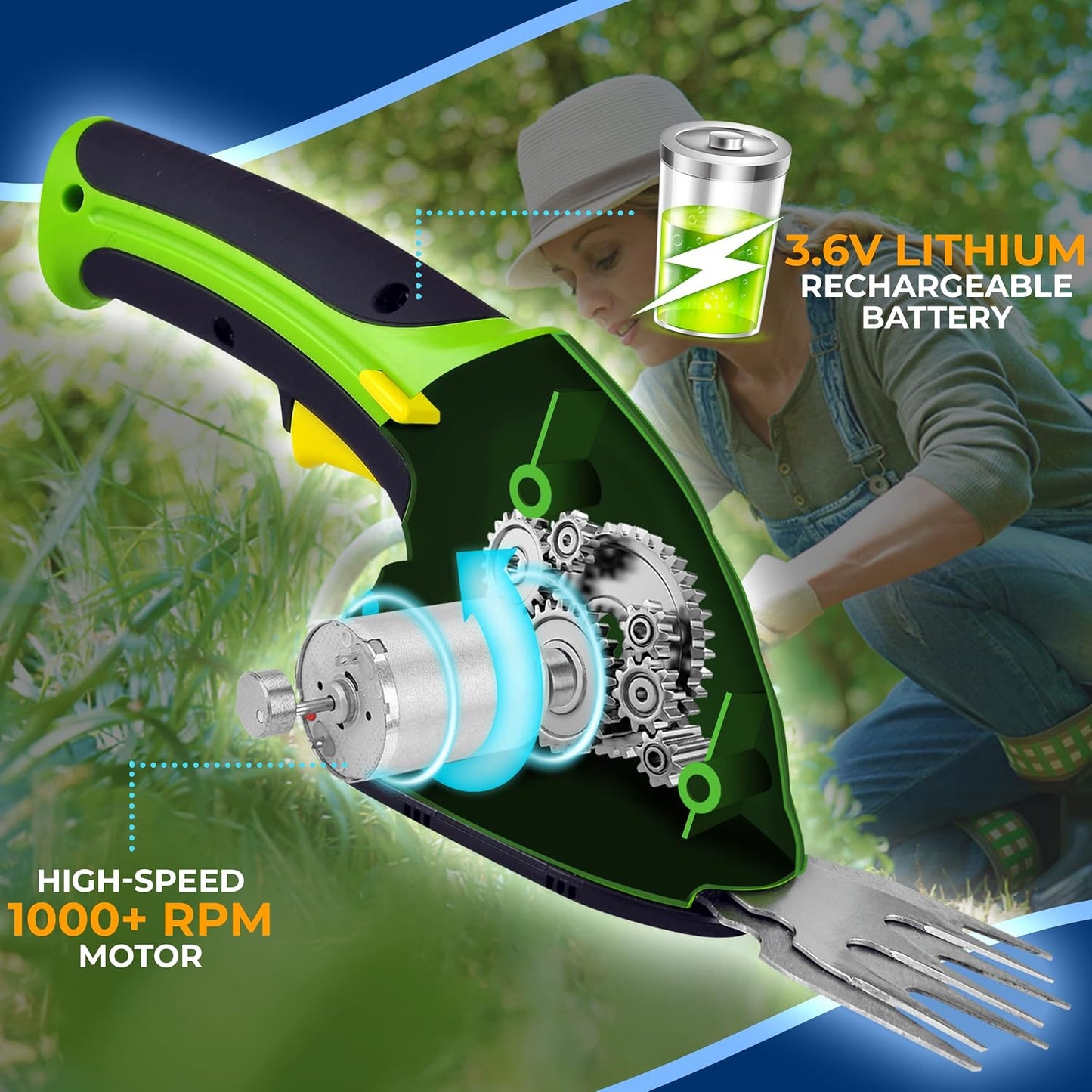 Cordless Handheld Grass Cutter Shears, Portable Lightweight Electric Hedge Trimmer, Hand Held Garden Clippers Powered with Rechargeable 3.6V Battery, Changeable Blade Trimmers Light Green