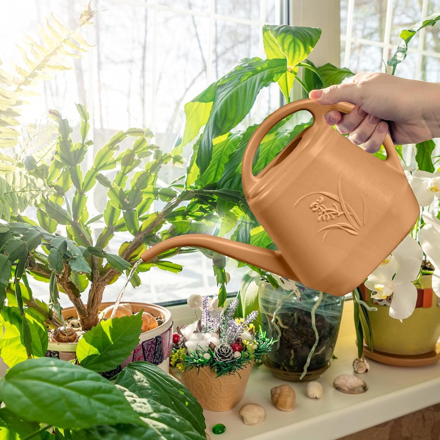 Plant Watering Can - for Indoor and Outdoor Home Garden Plants - with Long Spout - Coffee Color - 1/2 Gallon