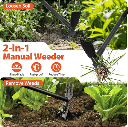 Weed Puller Tool with Long Handle, 2-in-1 Hand Weed Rake and Garden Hoe, 45.5" Manual Weeder Weeding Pull Tool for Lawn, Yard, Patio and Garden
