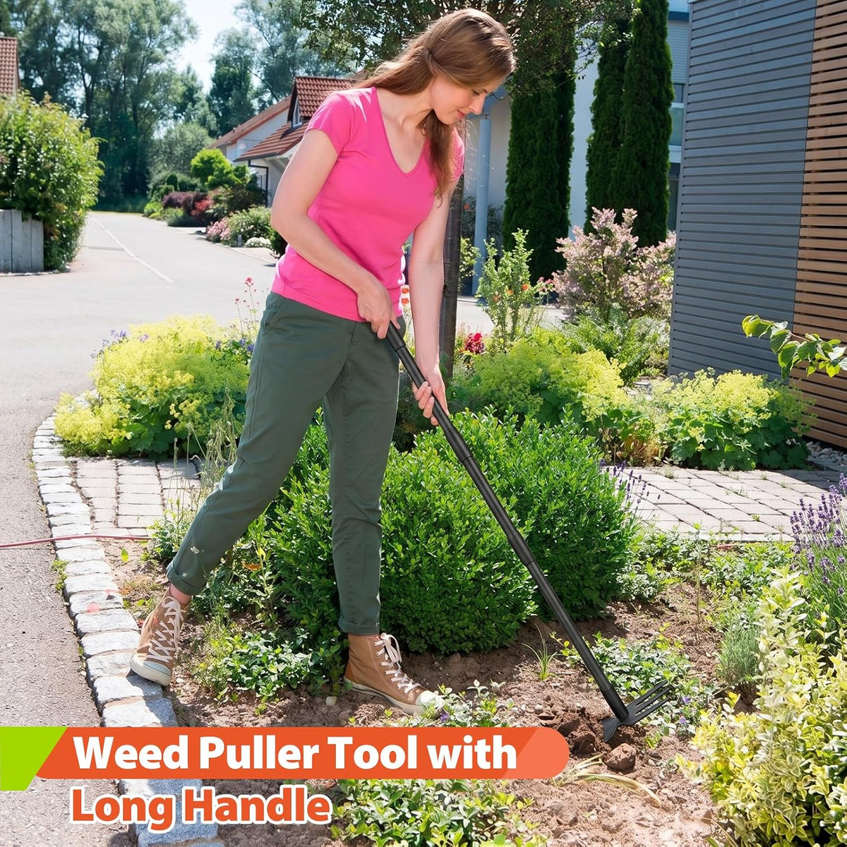 Weed Puller Tool with Long Handle, 2-in-1 Hand Weed Rake and Garden Hoe, 45.5" Manual Weeder Weeding Pull Tool for Lawn, Yard, Patio and Garden