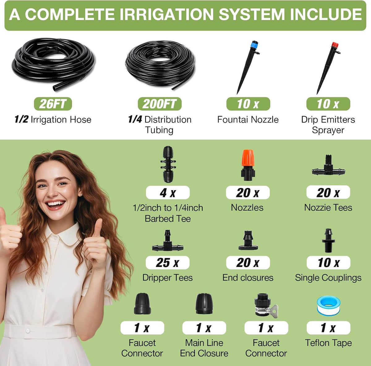 226FT Greenhouse Micro Drip Irrigation Kit, Automatic Patio Plant Watering System with 1/4" & 1/2" Tubing, Adjustable Nozzles, Emitters, & Barbed Fittings for Efficient Irrigation