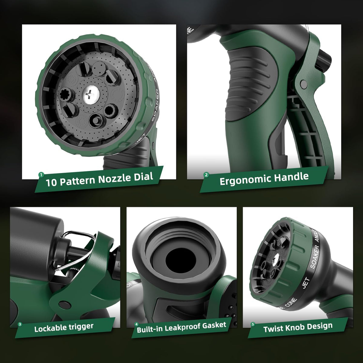 Garden Water Hose Nozzle, Water Spray Nozzle with 10 Spray Modes Suitable for Watering Plants, Iawns and Gardens, Car Washing, Cleaning, Showering Pets and Outdoor Fun, Green