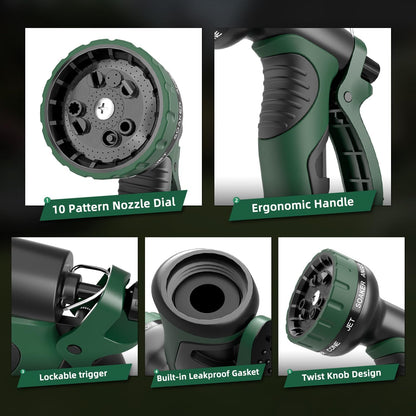 Garden Water Hose Nozzle, Water Spray Nozzle with 10 Spray Modes Suitable for Watering Plants, Iawns and Gardens, Car Washing, Cleaning, Showering Pets and Outdoor Fun, Green
